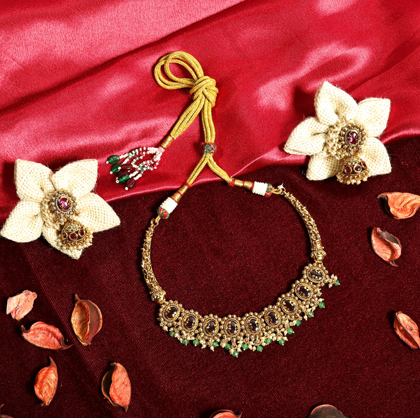 Antique Gold Oval Stone Necklace with Green Bead Detailing