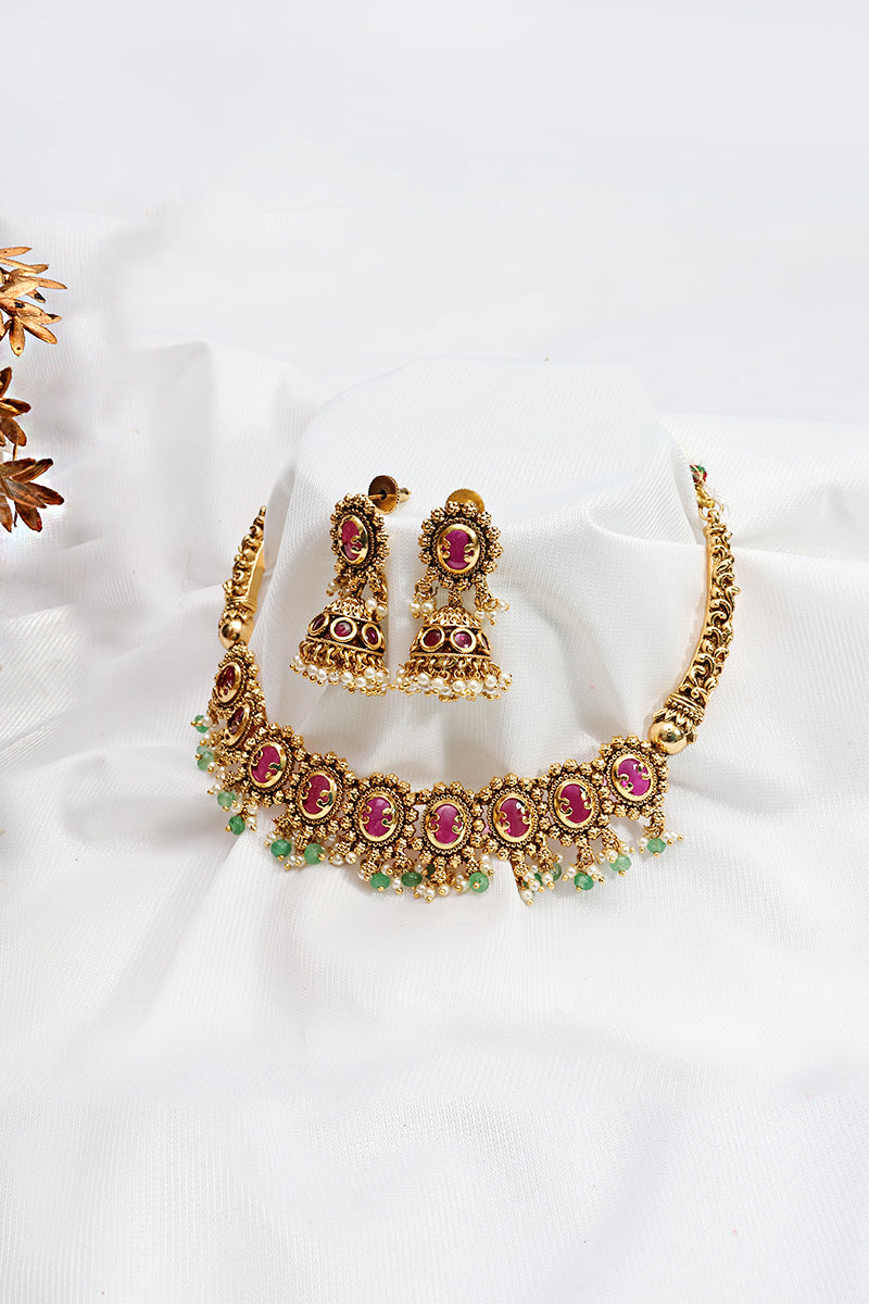 Antique Gold Oval Stone Necklace with Green Bead Detailing
