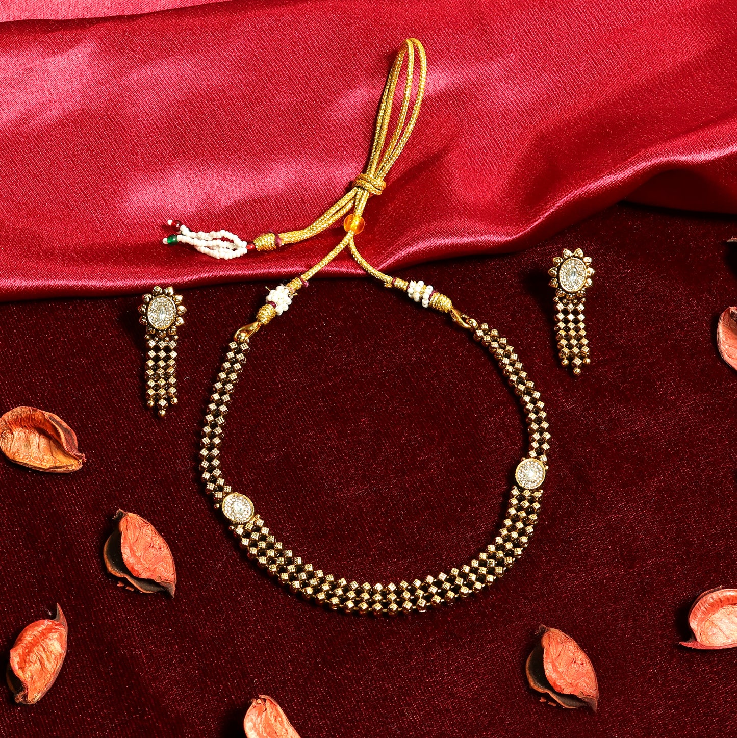 Antique Finish Choker Necklace with Long Earrings