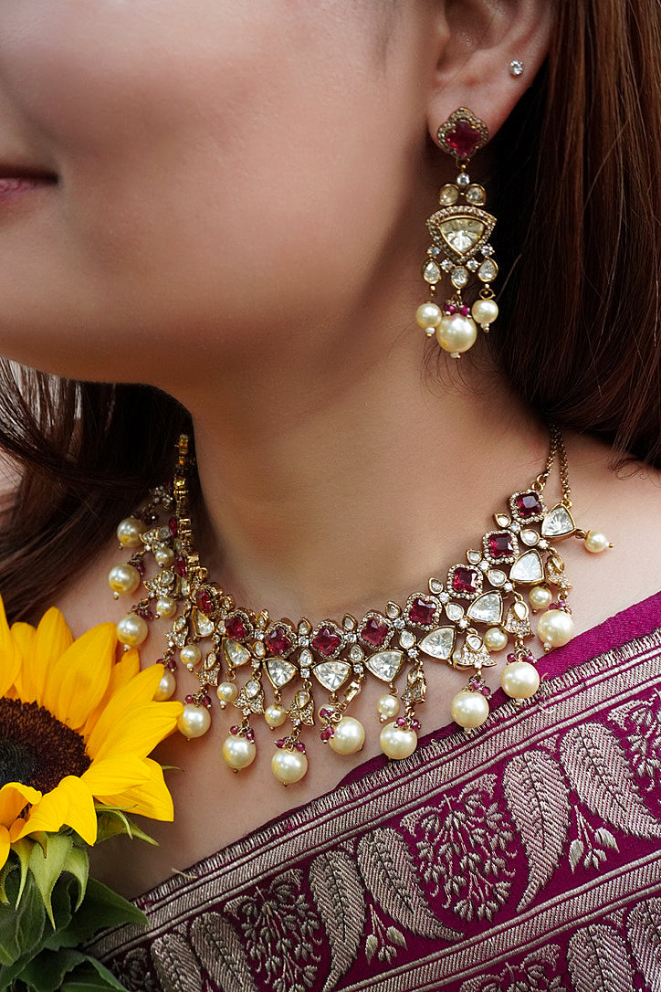 Ruby Polki & Pearl Necklace Set