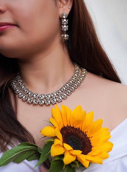 Two Row Polki & Zircon Necklace Set