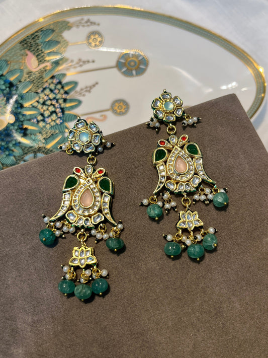 Kundan Meenakari Bird Motif Drop Earrings