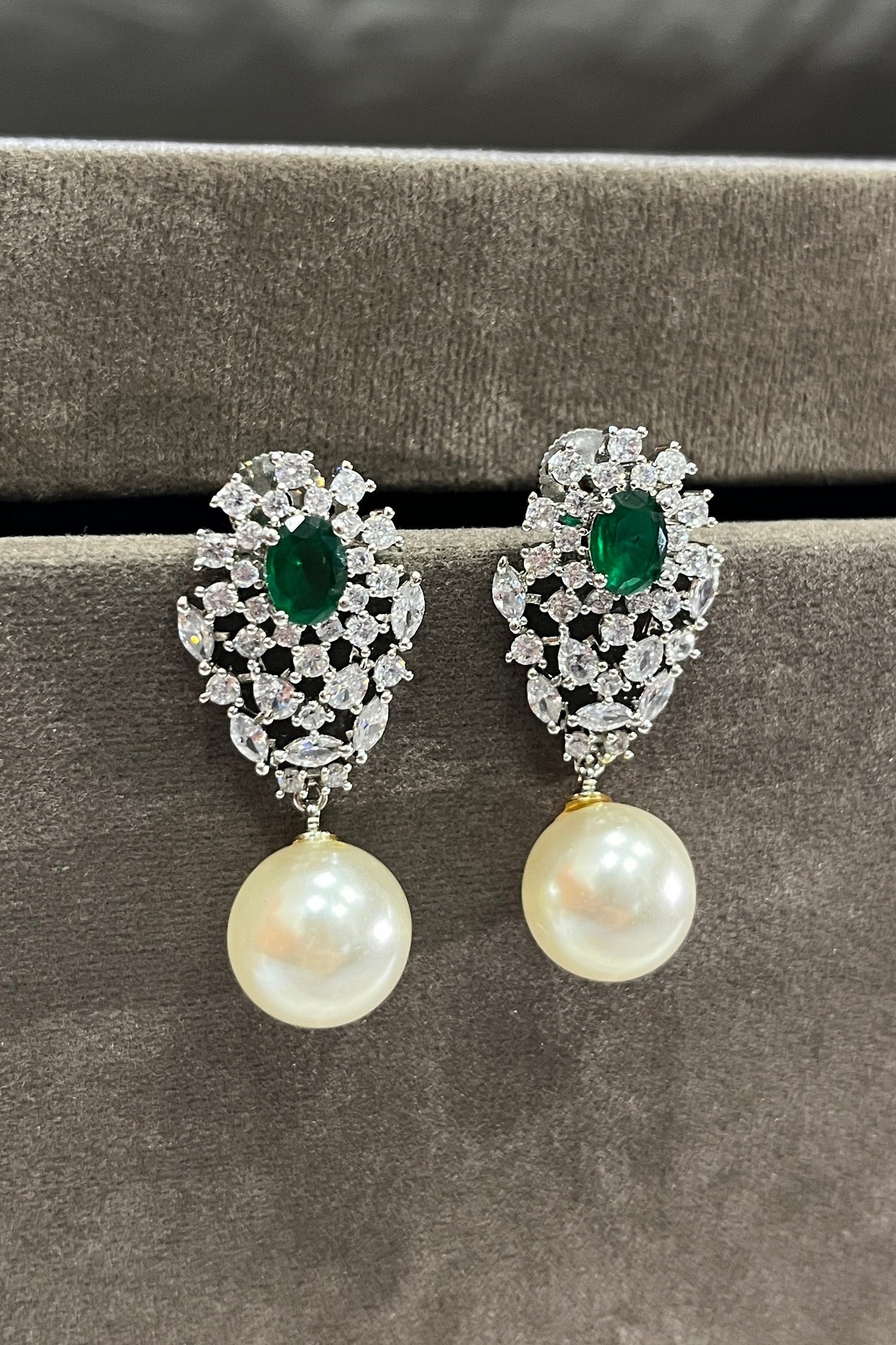 Emerald Pearl Drop Zircon Earrings