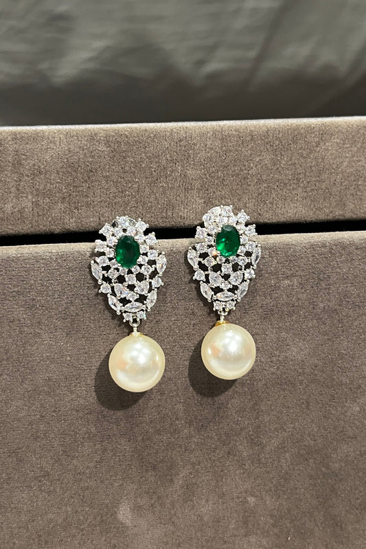 Emerald Pearl Drop Zircon Earrings