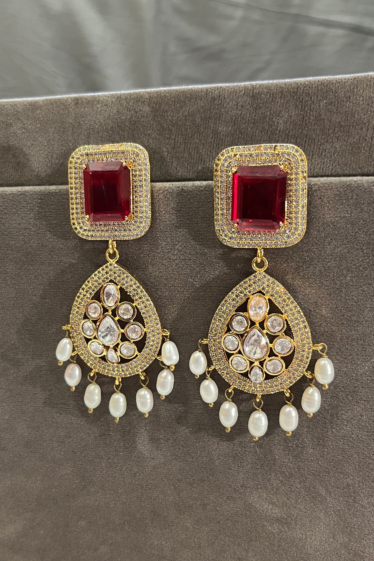 Ruby Kundan Zircon Drop Earrings
