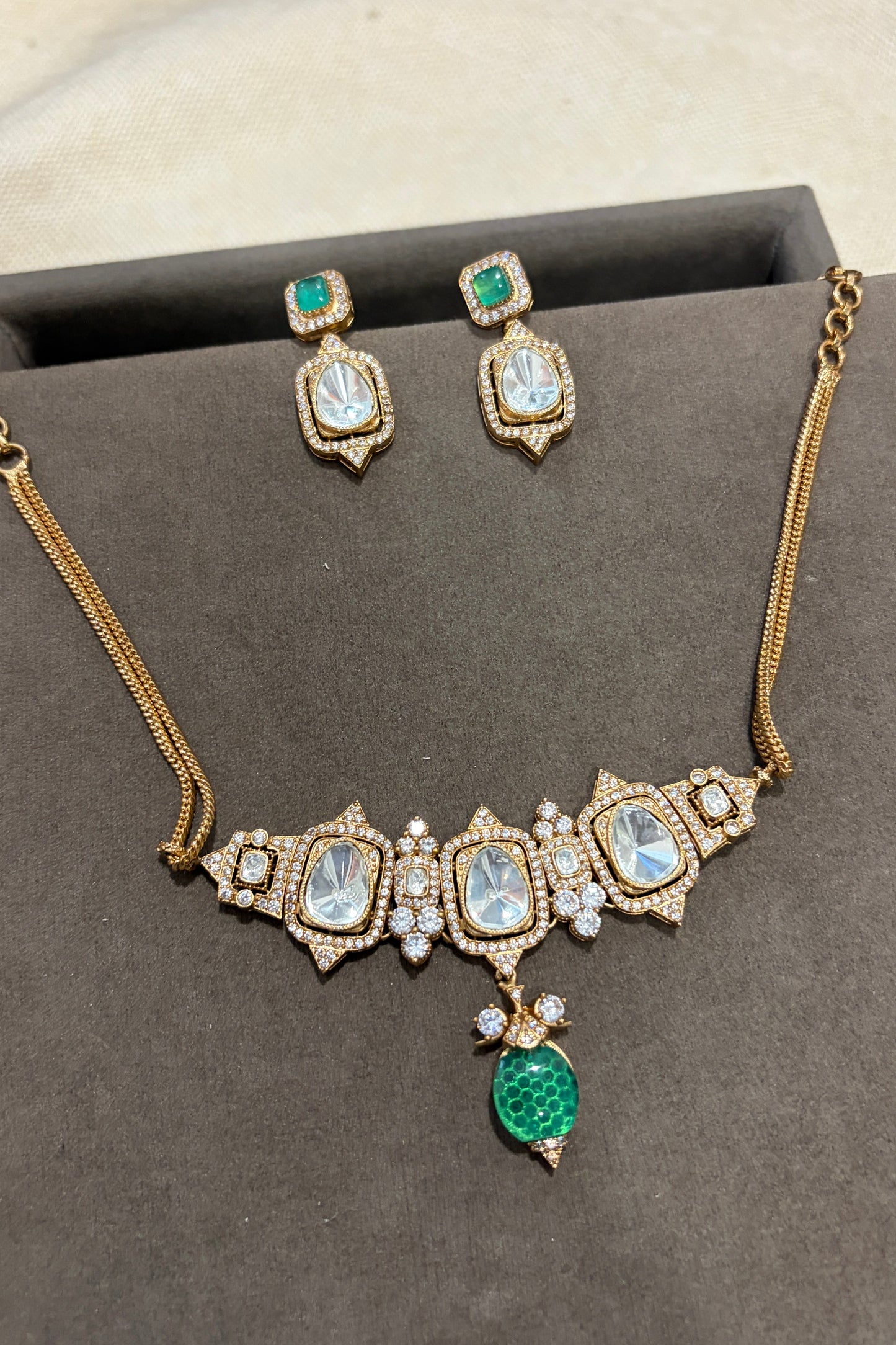 Emerald Drop Polki Necklace Set