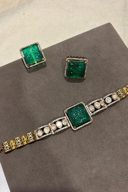 Emerald Square Carved Polki Necklace Set