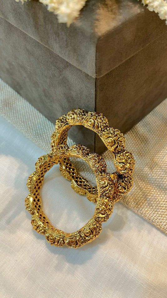 Carved Gold Finish Temple Bangle Set