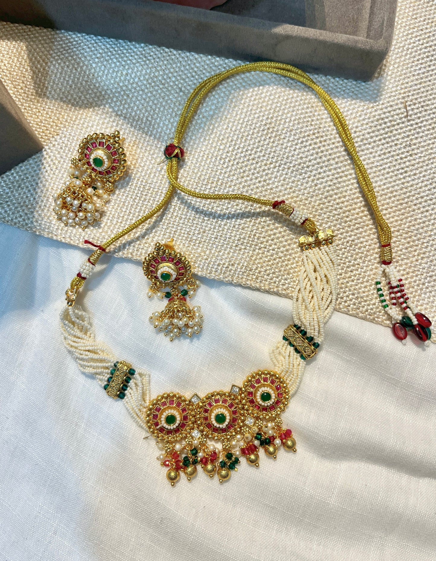 Gold Finish Multi-Stone Pearl Necklace Set