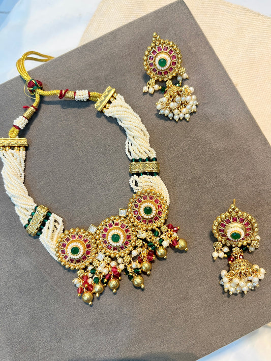 Gold Finish Multi-Stone Pearl Necklace Set