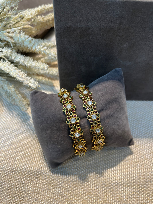 Gold Floral Multi Stone Bangles