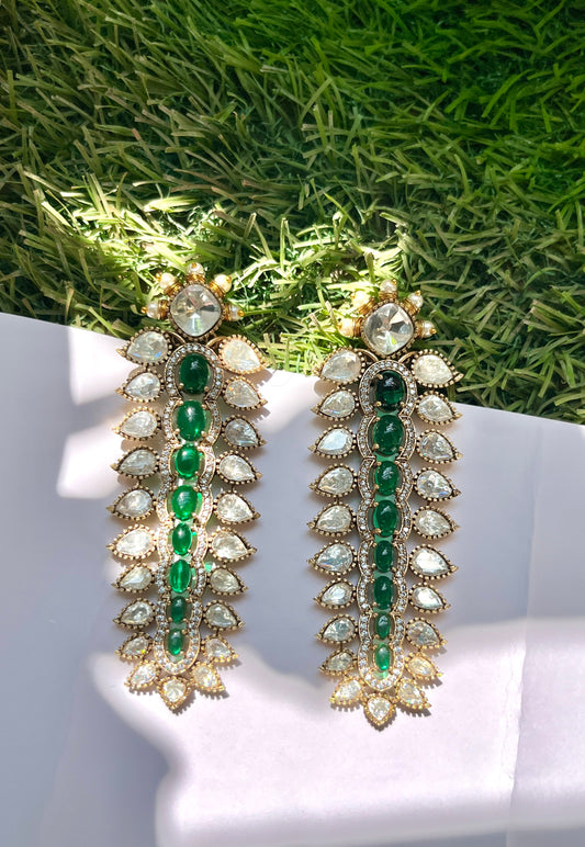 Green Polki Earrings with Miligrain Accent