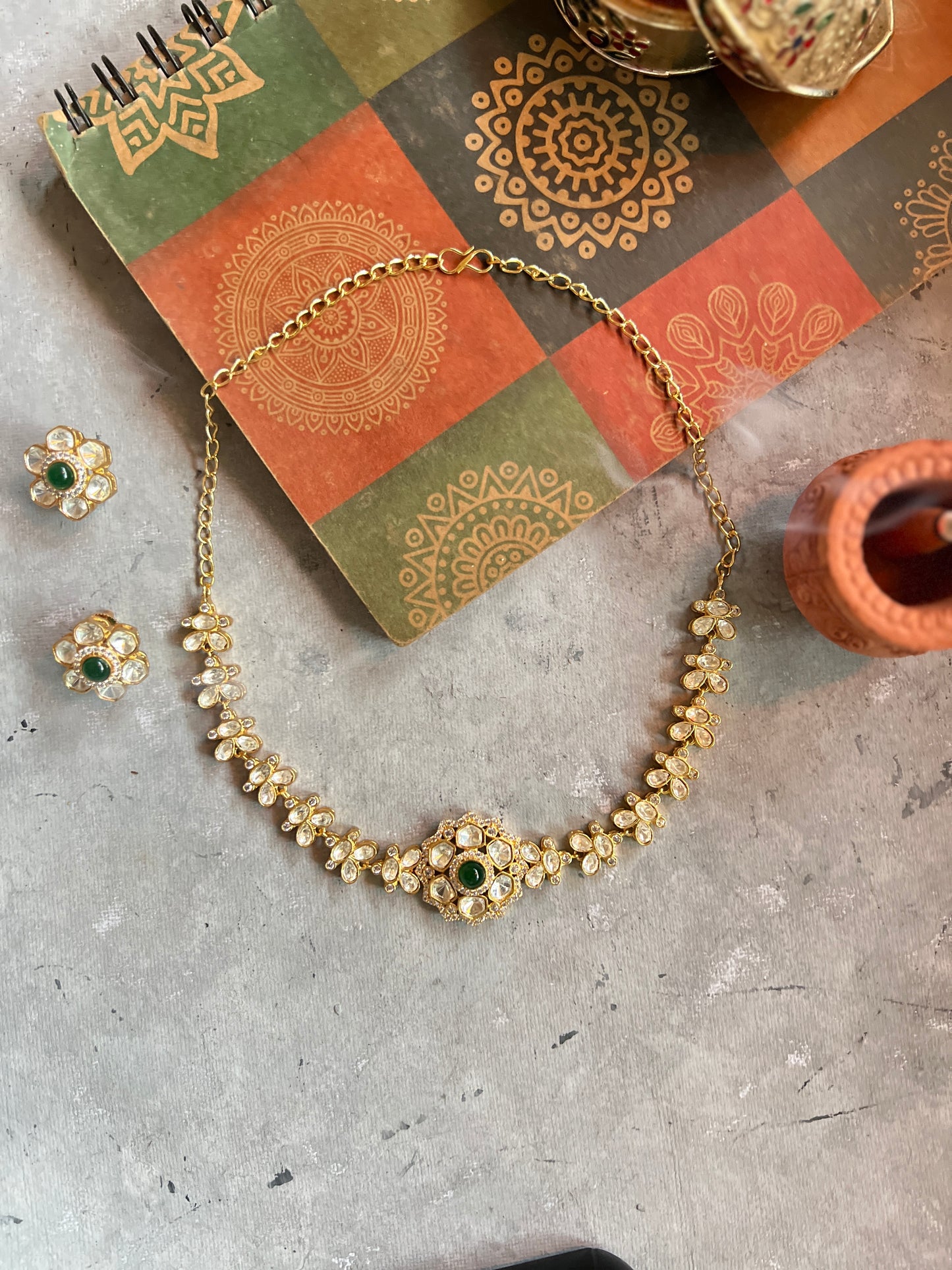 Green Accent Moissanite Polki Necklace Set