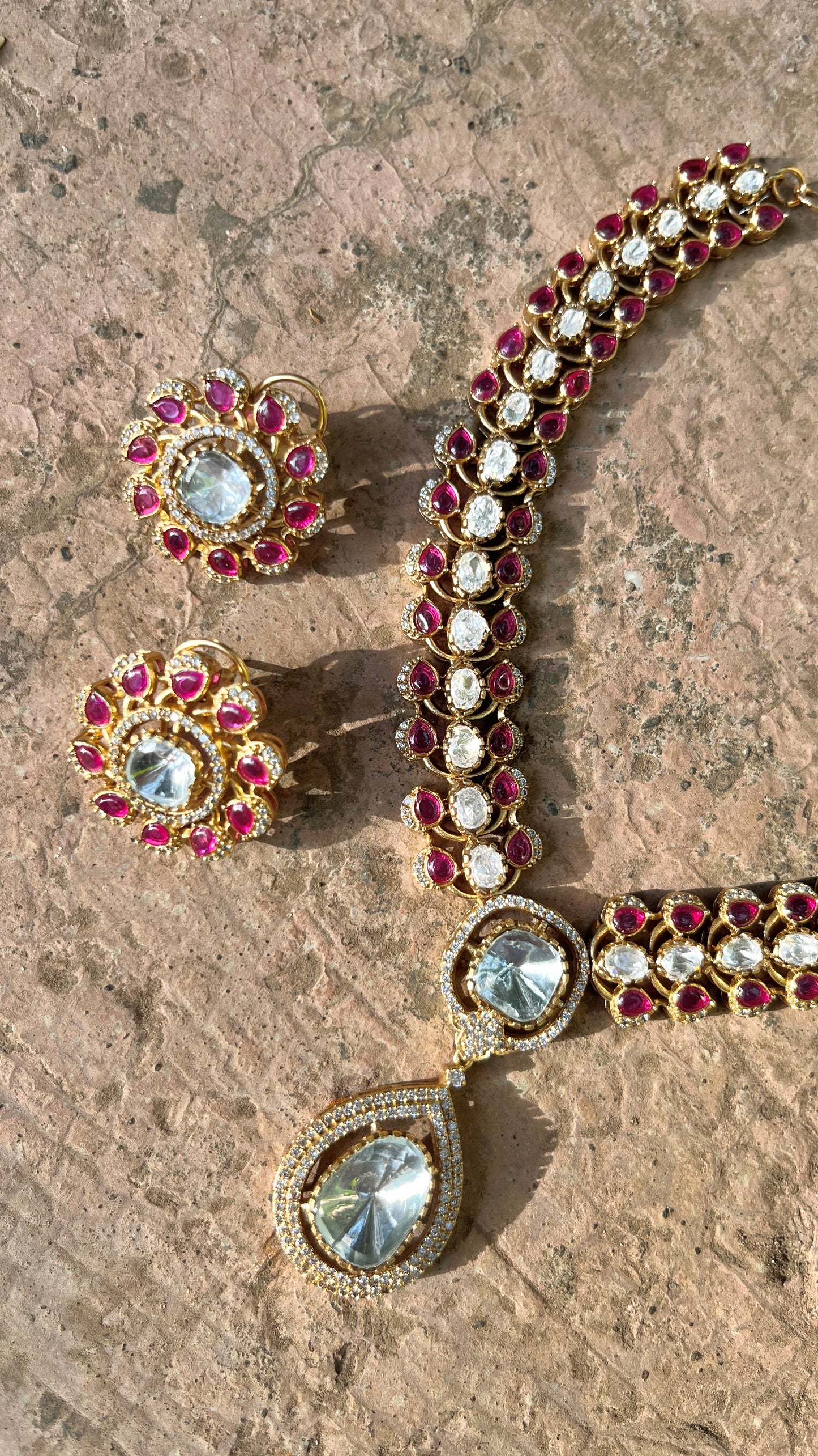 Red Polki Necklace Set with Zircon Details