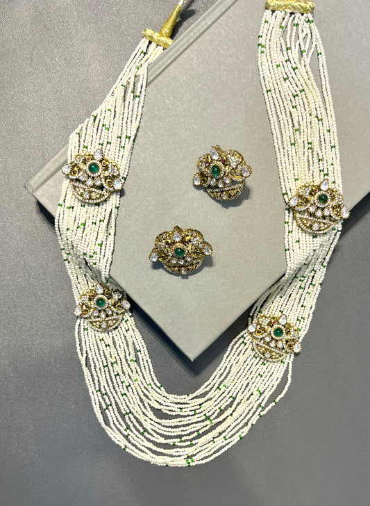 Pearl Polki Long Necklace with Green Accents