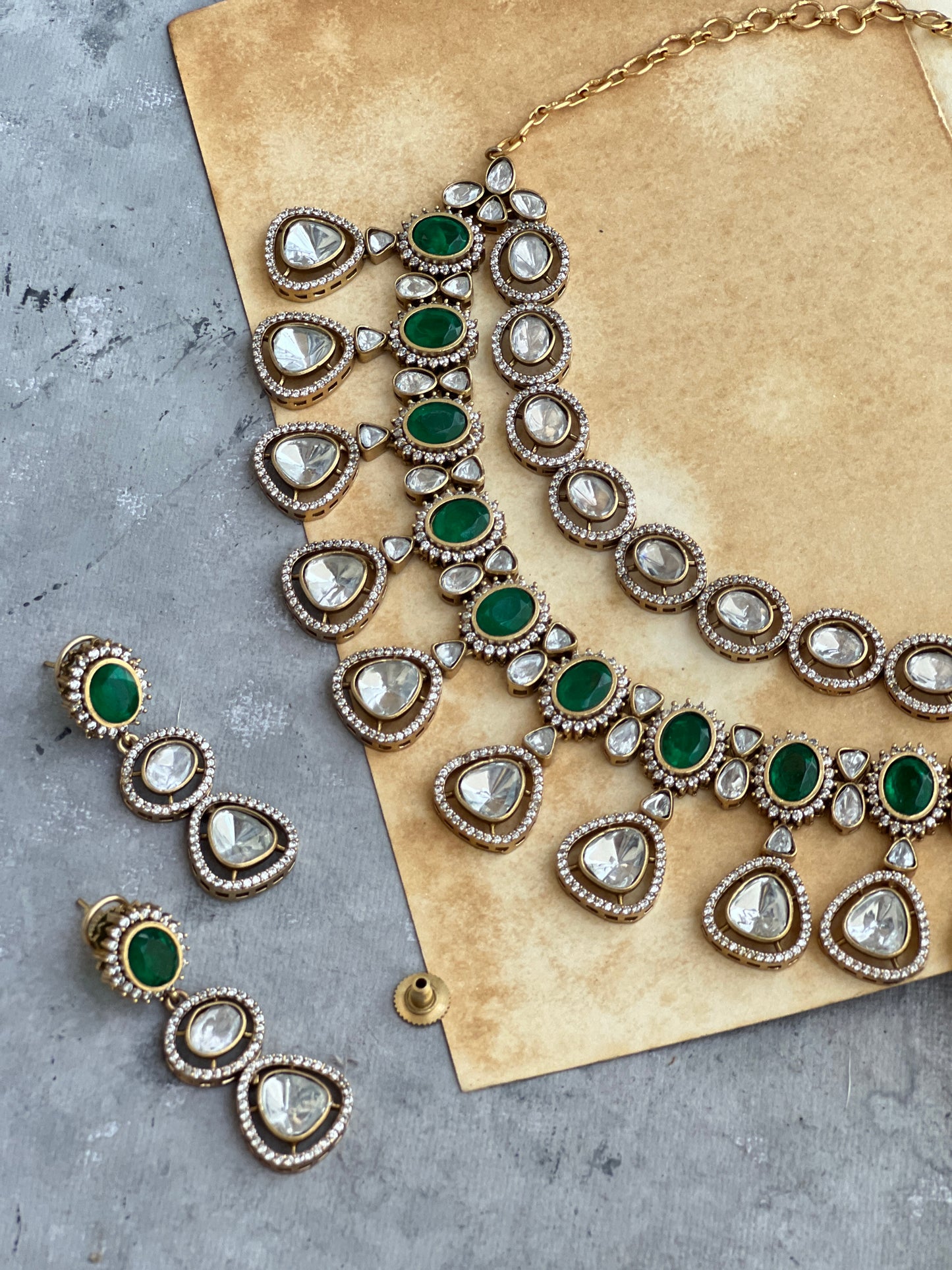 Green Stone Polki Zircon Necklace Set