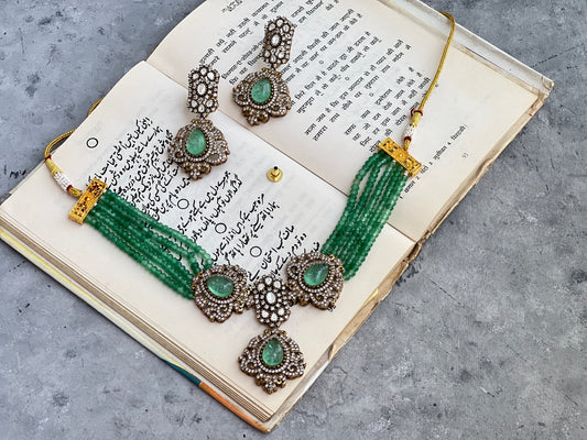 Aqua Stone Beaded Polki Choker Set