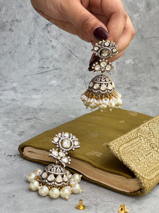 Pearl Polki Jhumkis with Zircon Accents