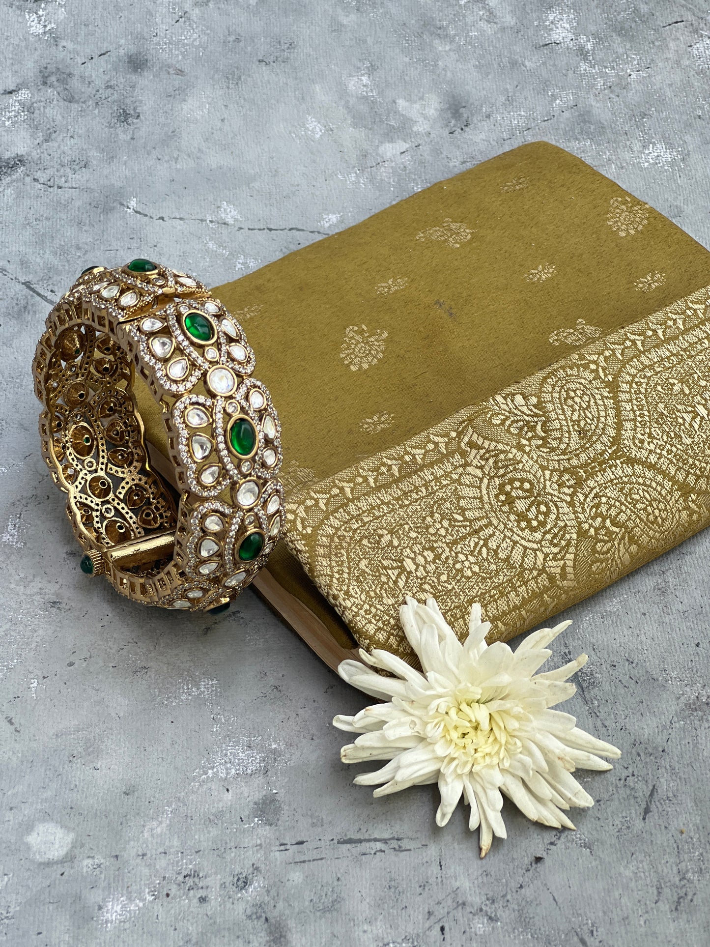 Antique Polki Kada with Green Zircons