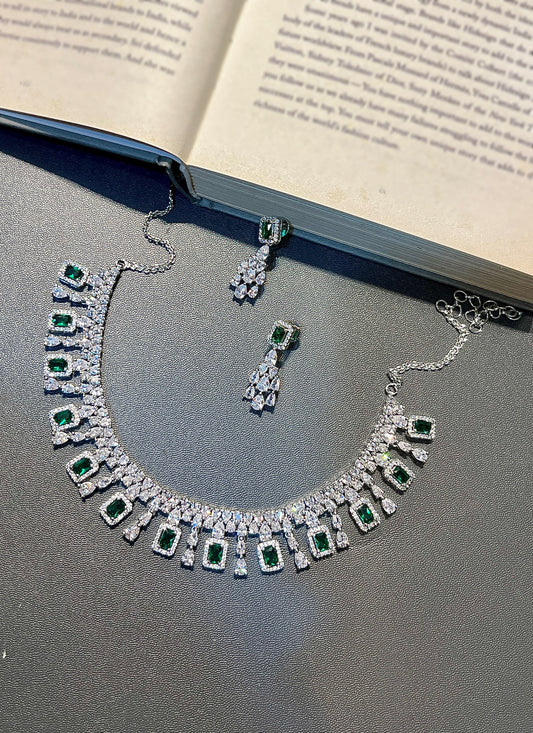 Green Zircon Necklace Set White Finish