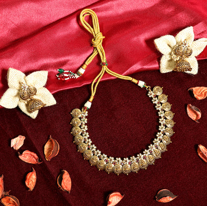 Antique Gold Temple Coin Necklace Set with Ruby Stones