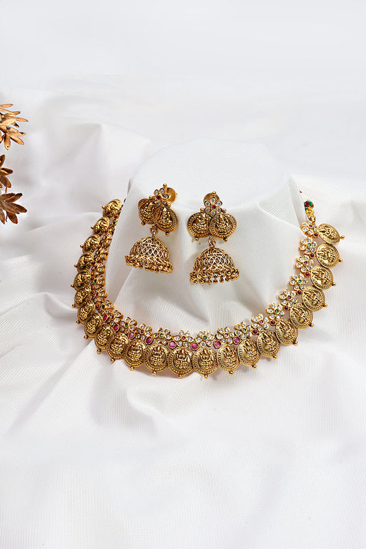 Antique Gold Temple Coin Necklace Set with Ruby Stones