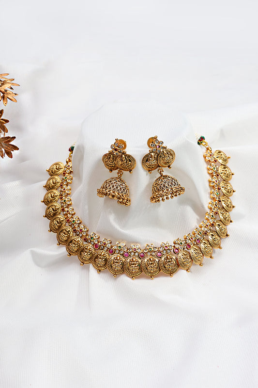 Antique Gold Temple Coin Necklace Set with Ruby Stones