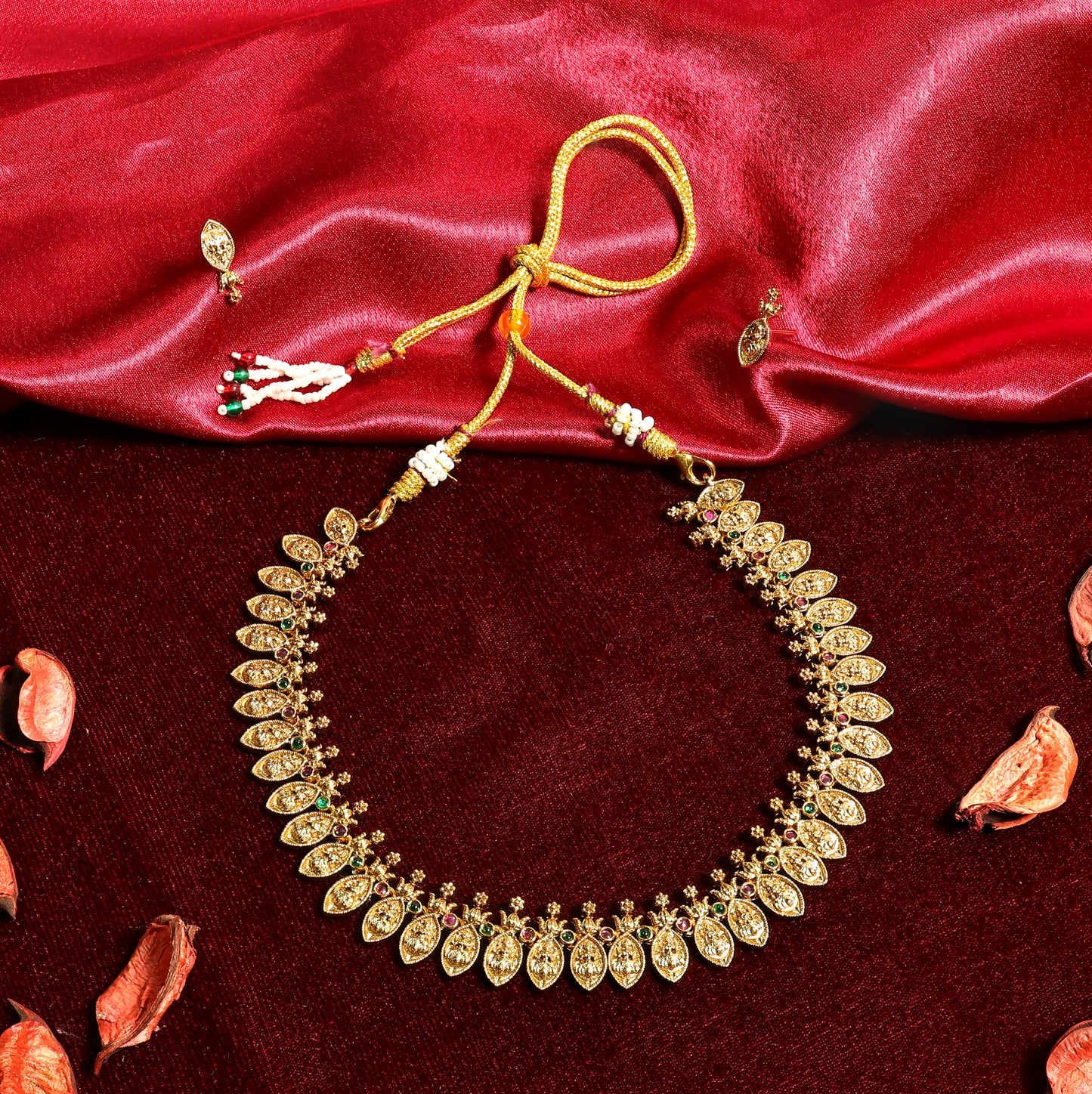 Gold Finish Leaf Motif Studded Necklace Set