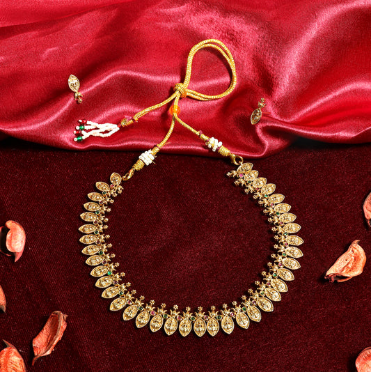 Gold Finish Leaf Motif Studded Necklace Set