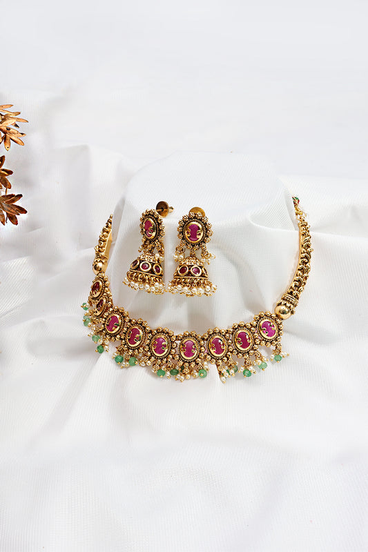 Antique Gold Oval Stone Necklace with Green Bead Detailing