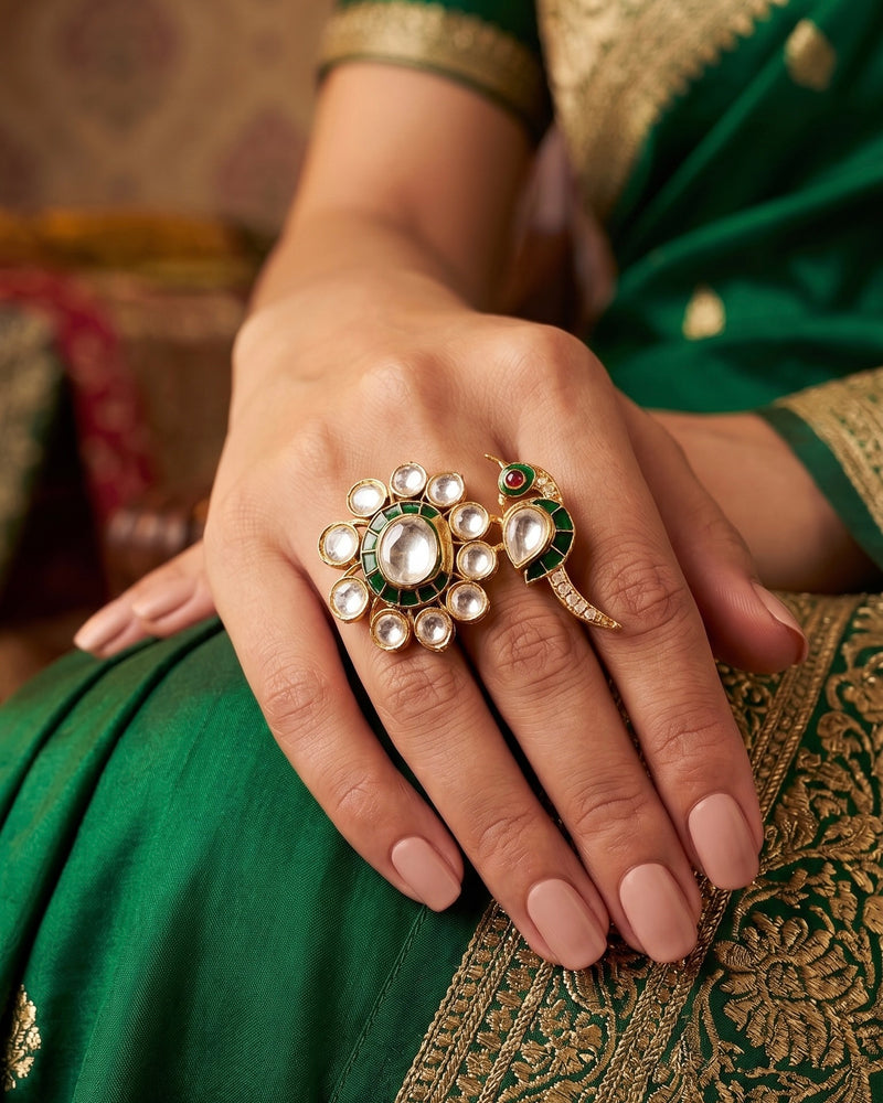 Gulmor Floral Meenakari Peacock Cocktail Ring