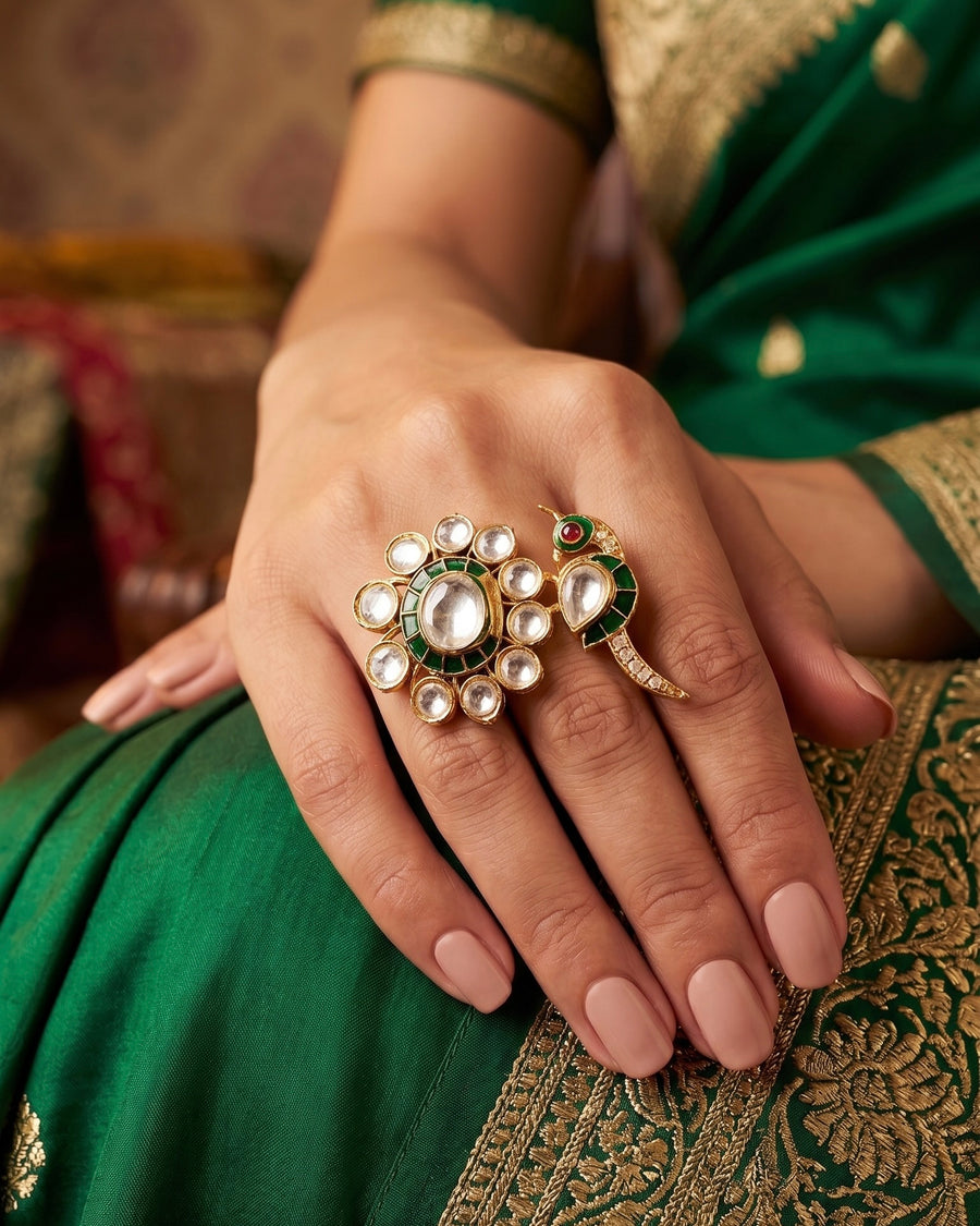 Gulmor Floral Meenakari Peacock Cocktail Ring