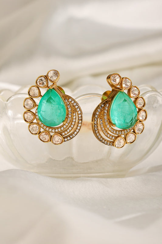 Emerald Drop Polki Crescent Studs