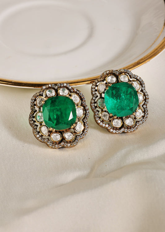 Classic Emerald Polki Floral Studs