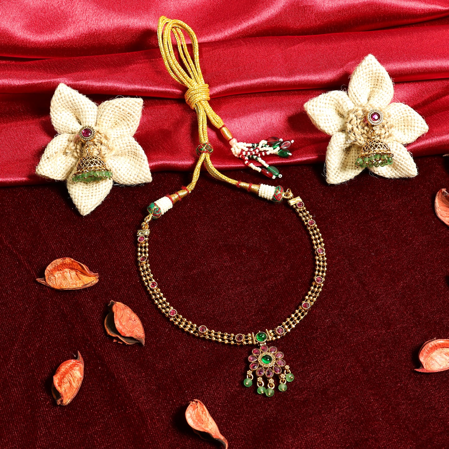 Gold Finish Ruby Emerald Necklace Set with Jhumka Earrings