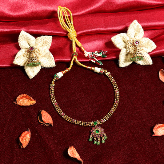 Gold Finish Ruby Emerald Necklace Set with Jhumka Earrings
