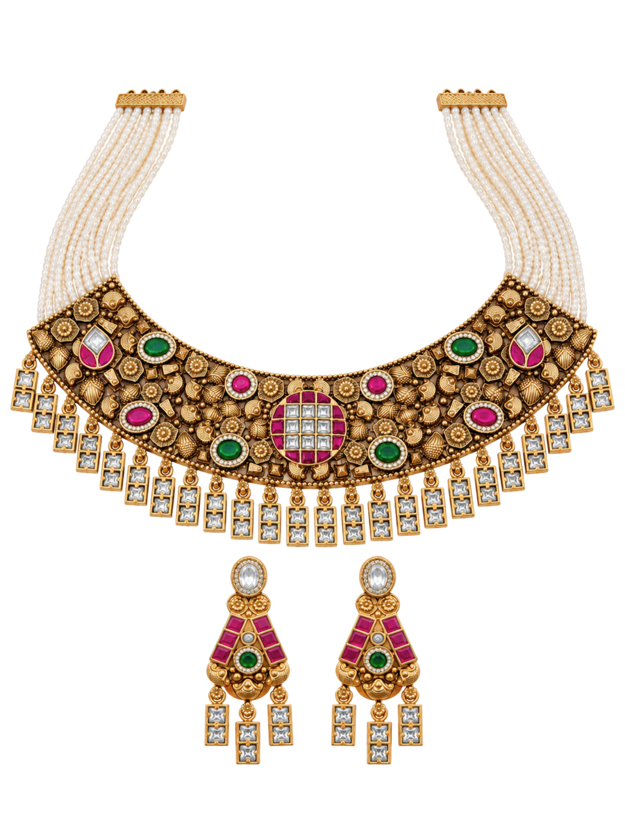 Raj Malika Ruby Emerald Floral Necklace Set