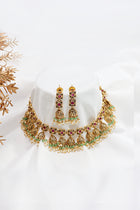 Gold Finish Ruby Emerald Floral Necklace with Jhumka Earrings