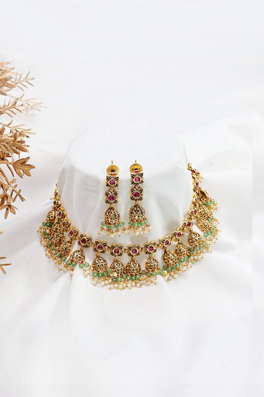 Gold Finish Ruby Emerald Floral Necklace with Jhumka Earrings