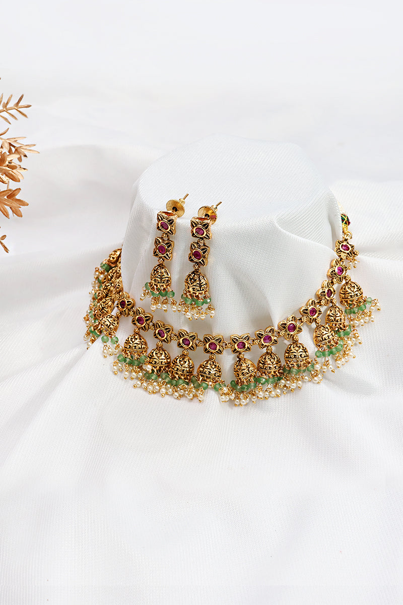 Gold Finish Ruby Emerald Floral Necklace with Jhumka Earrings