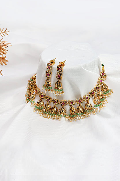 Gold Finish Ruby Emerald Floral Necklace with Jhumka Earrings