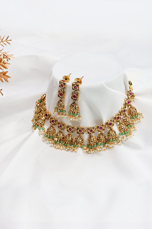 Gold Finish Ruby Emerald Floral Necklace with Jhumka Earrings