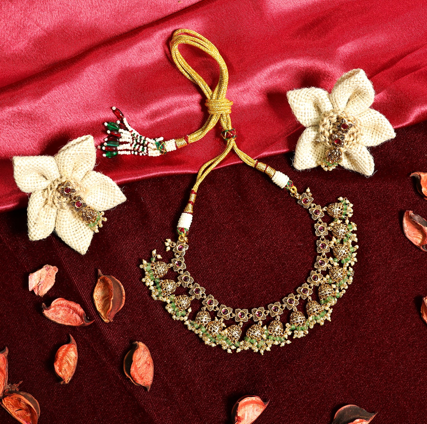 Gold Finish Ruby Emerald Floral Necklace with Jhumka Earrings