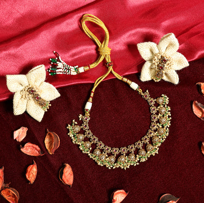 Gold Finish Ruby Emerald Floral Necklace with Jhumka Earrings