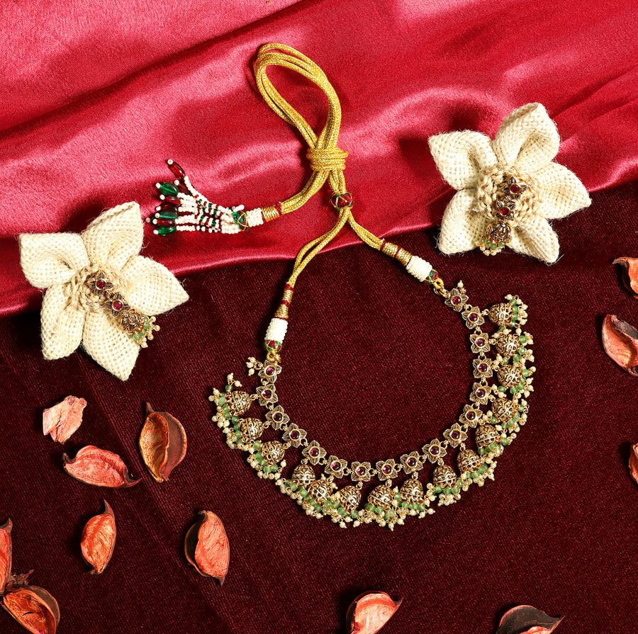 Gold Finish Ruby Emerald Floral Necklace with Jhumka Earrings