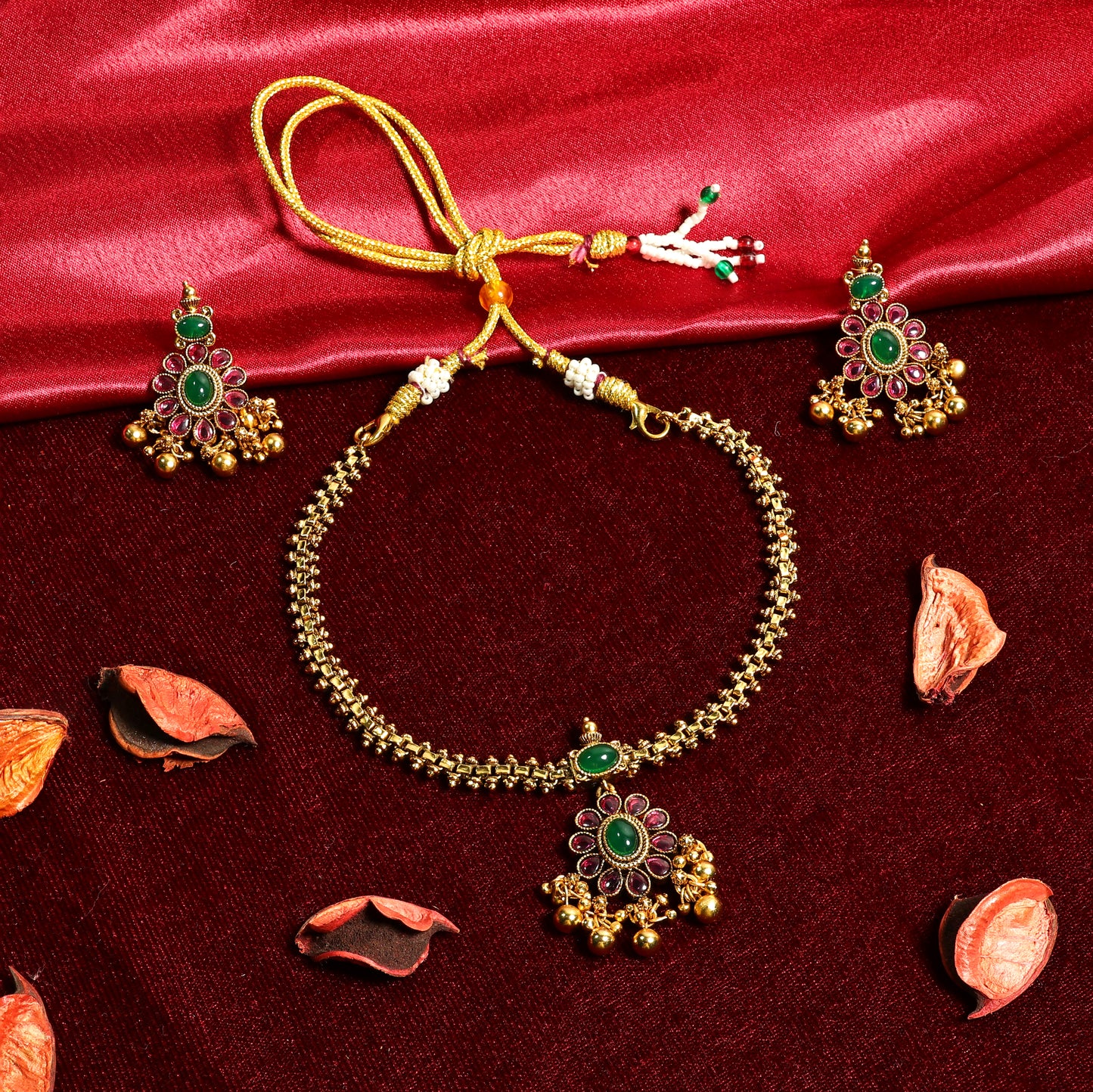 Antique Gold Floral Necklace and Earrings Set with Ruby Emerald Stones