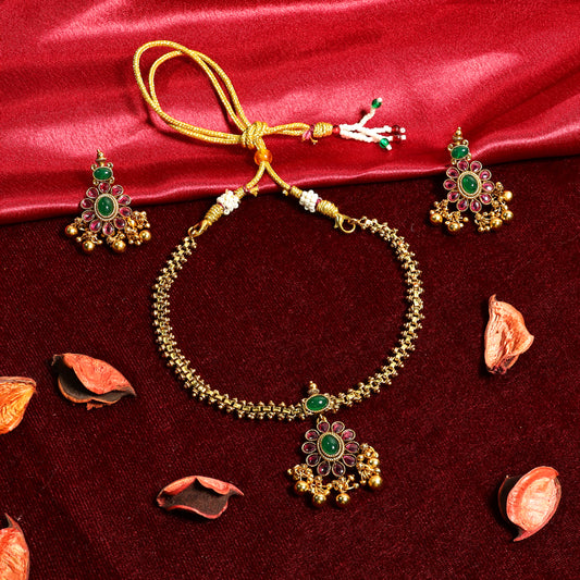 Antique Gold Floral Necklace and Earrings Set with Ruby Emerald Stones