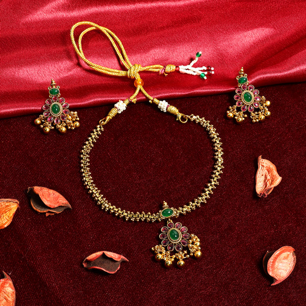 Antique Gold Floral Necklace and Earrings Set with Ruby Emerald Stones