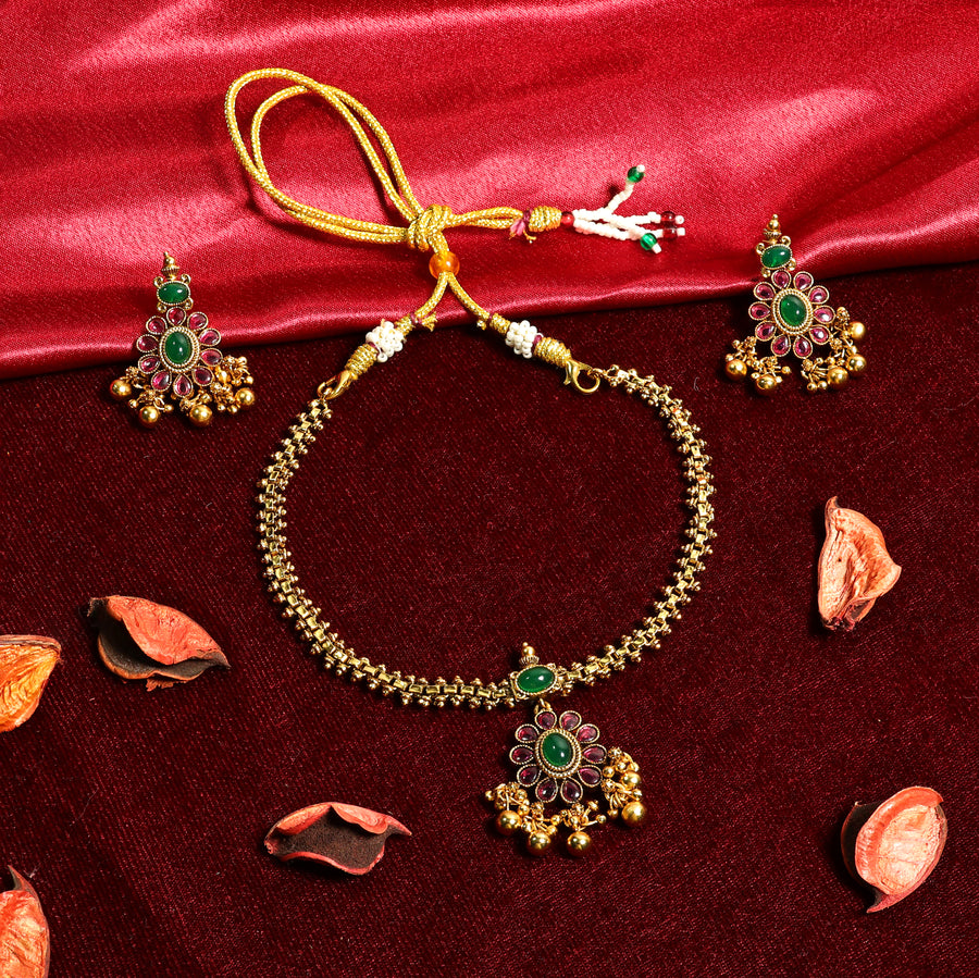 Antique Gold Floral Necklace and Earrings Set with Ruby Emerald Stones