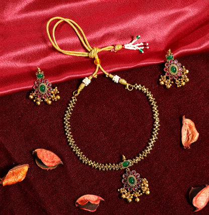 Antique Gold Floral Necklace and Earrings Set with Ruby Emerald Stones